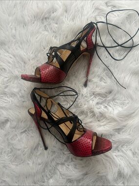 Alejandro Ingelmo red crocodile patterned laceup heels, size 7, sexy open toe